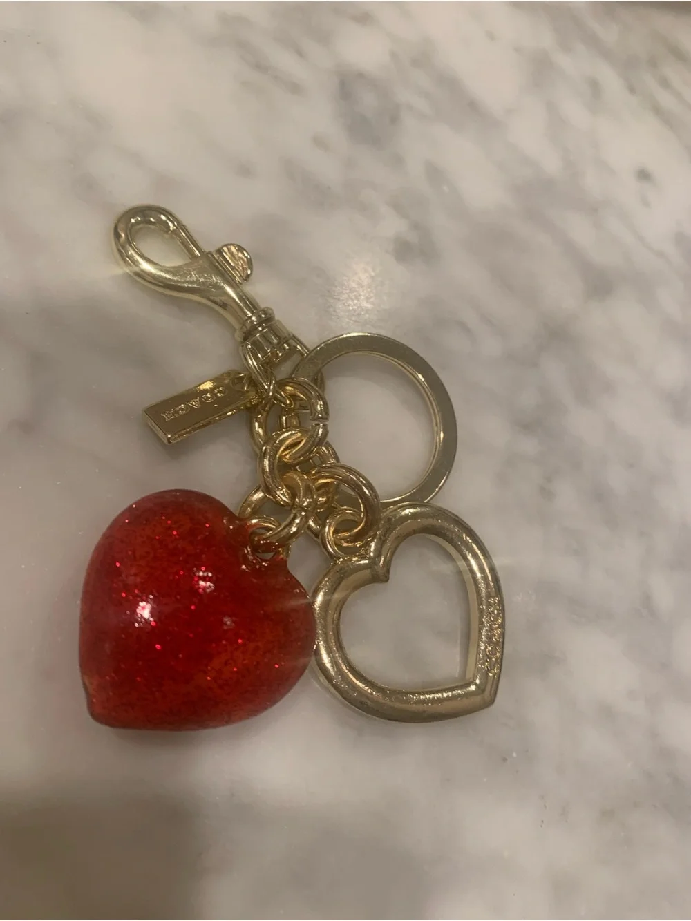Coach Gold Heart Keychain with Red Glass Heart Charm